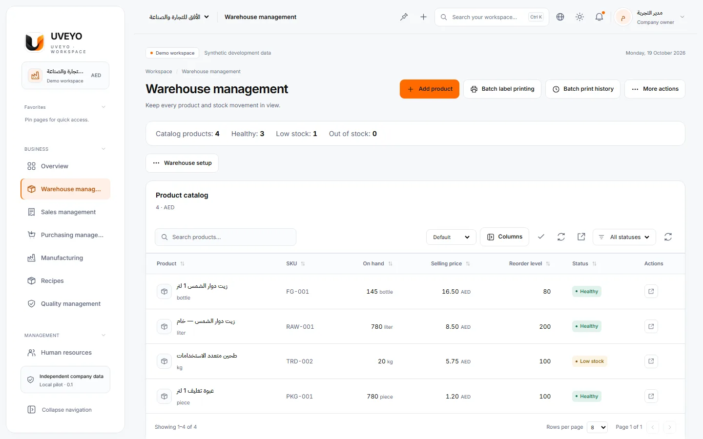Warehouse — A real capture of a demo workspace with synthetic data