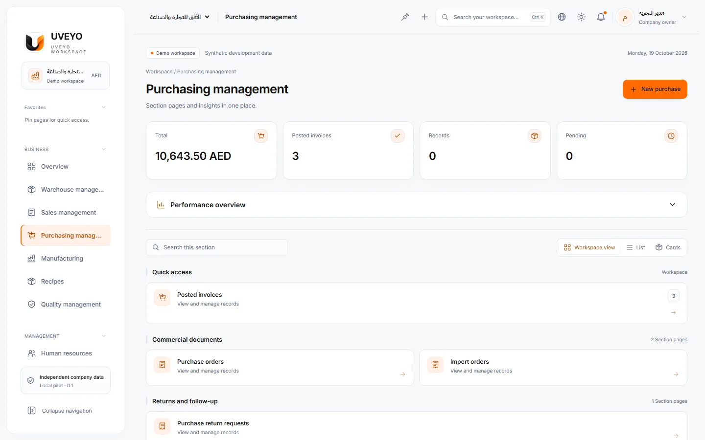 Purchasing — A real capture of a demo workspace with synthetic data