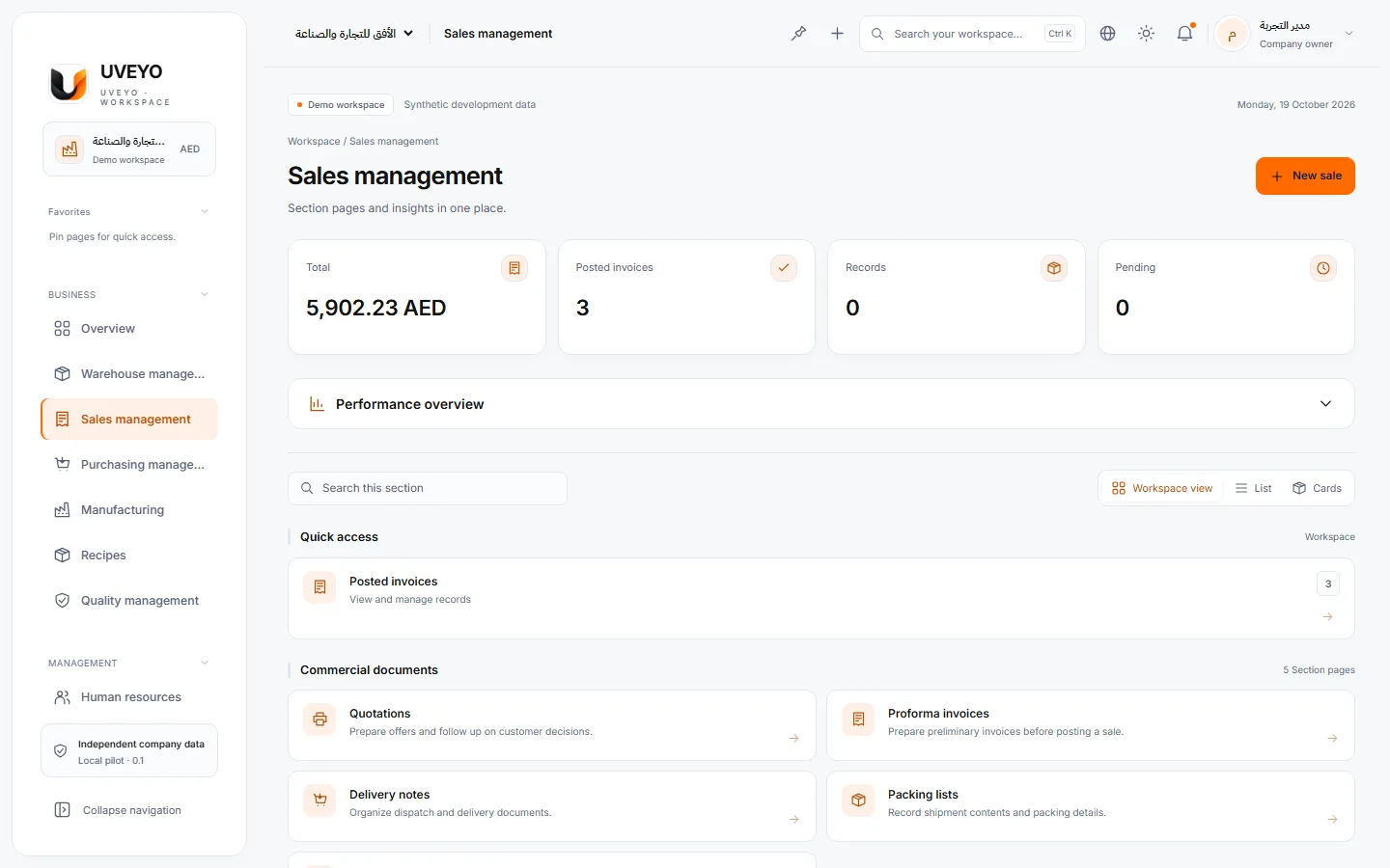 Sales — A real capture of a demo workspace with synthetic data